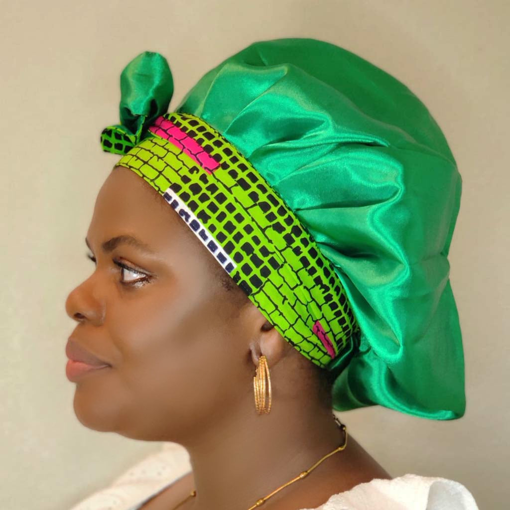 Sharifah Satin Double-layer Bonnet with African Print Tie
